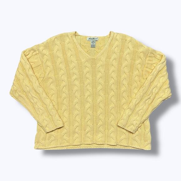 Vintage Cable Knit Sweater Eddie Bauer Petite Large Butter Yellow y2k - Picture 1 of 6
